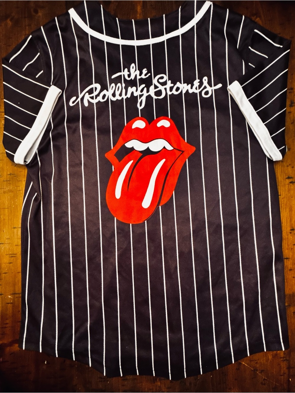The Rolling Stones Black Pinstripe Button Down Jersey with Iconic Logos Size S